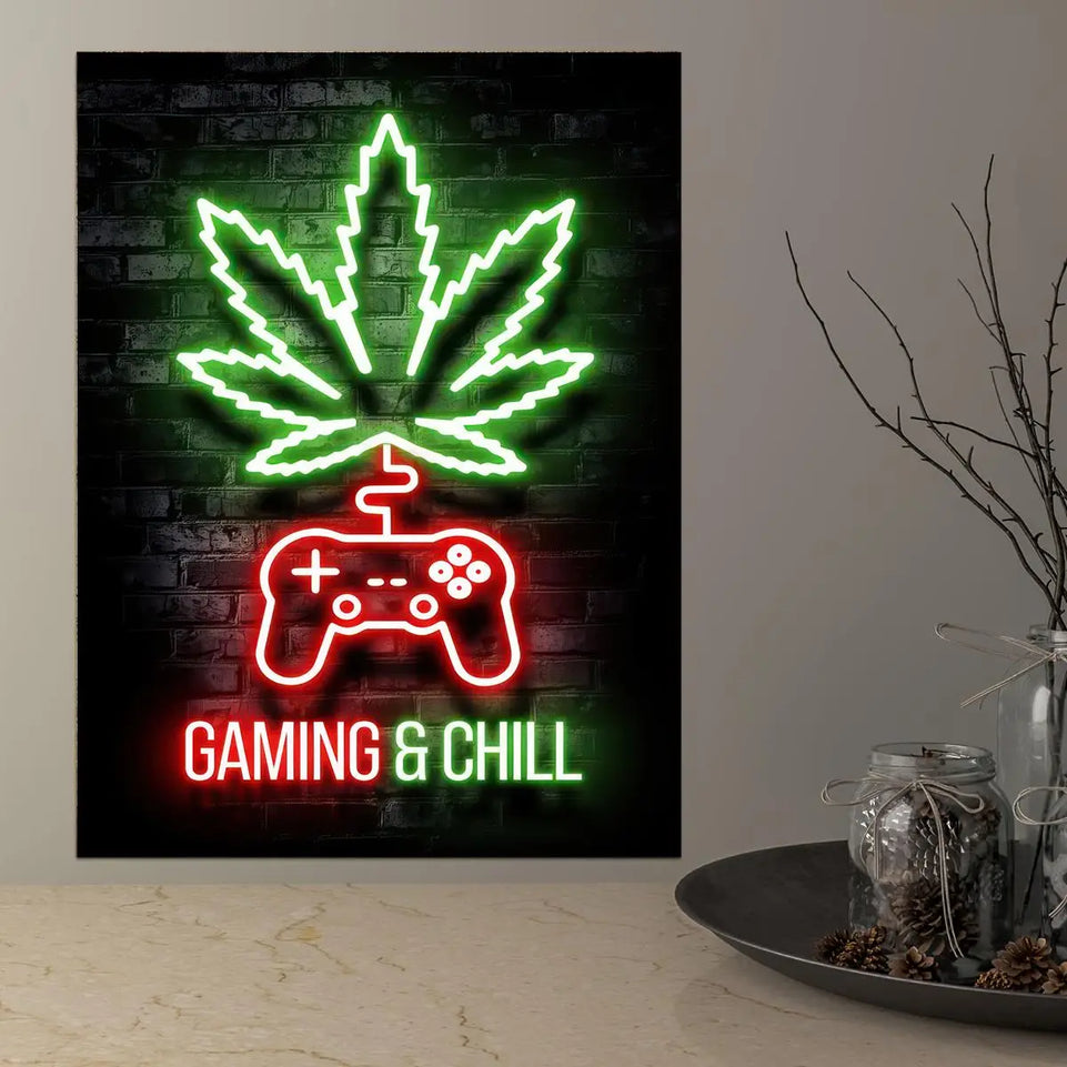[1pc Gaming Neon Canvas Painting] 1pc High Standards Weed Neon Lights Painting on Canvas - Gaming Chill Wall Art Poster for Game Room, Bathroom, Bedroom, Office, Living Room, Home Decor - No Frame Required June Wall Art