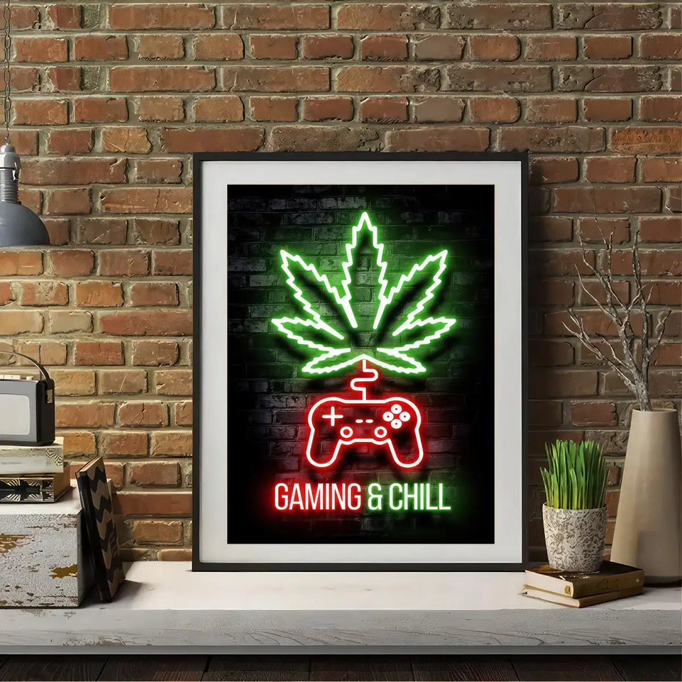 [1pc Gaming Neon Canvas Painting] 1pc High Standards Weed Neon Lights Painting on Canvas - Gaming Chill Wall Art Poster for Game Room, Bathroom, Bedroom, Office, Living Room, Home Decor - No Frame Required June Wall Art