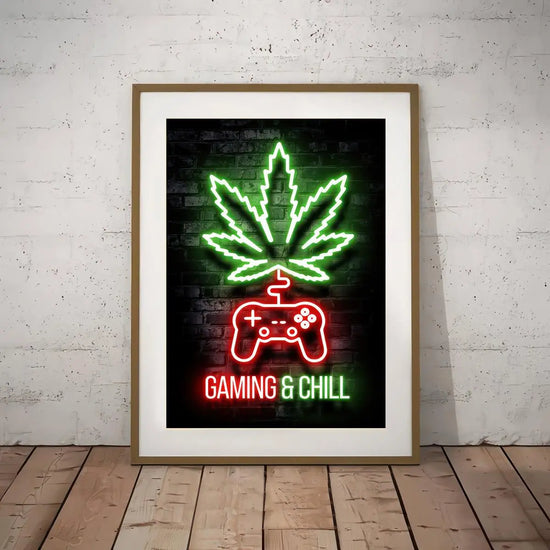 [1pc Gaming Neon Canvas Painting] 1pc High Standards Weed Neon Lights Painting on Canvas - Gaming Chill Wall Art Poster for Game Room, Bathroom, Bedroom, Office, Living Room, Home Decor - No Frame Required June Wall Art