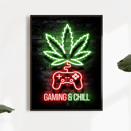[1pc Gaming Neon Canvas Painting] 1pc High Standards Weed Neon Lights Painting on Canvas - Gaming Chill Wall Art Poster for Game Room, Bathroom, Bedroom, Office, Living Room, Home Decor - No Frame Required June Wall Art