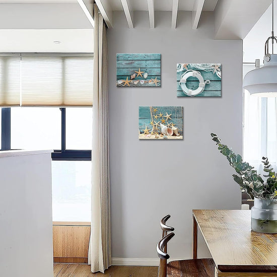 Biuteawal- 3 Piece Canvas Wall Art Starfish Shell on Teal Board Painting Prints Beach Nature Picture Canvas Artwork for Home Kitchen Bathroom Living Room Wall Decor Ready to Hang https://www.amazon.com/dp/B07K6D42KS