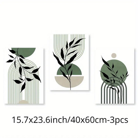 3pcs Sage Green & Black Abstract Canvas Wall Art Set - Modern Boho Decor with Geometric & Botanical Accents for Living Room, Bedroom, Office - Frameless Mid-Century Style Posters, Wall Decor June Wall Art
