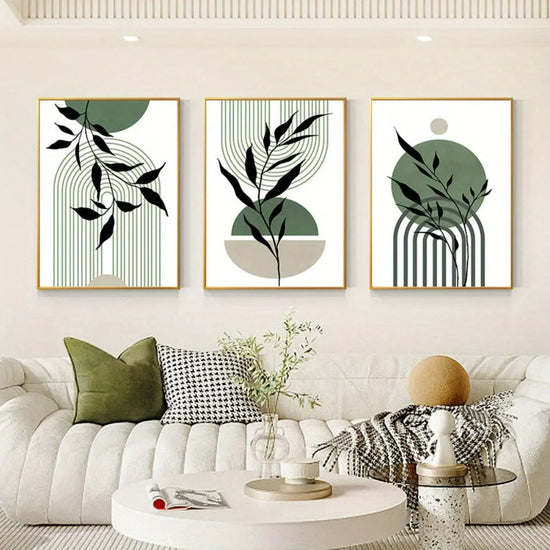 3pcs Sage Green & Black Abstract Canvas Wall Art Set - Modern Boho Decor with Geometric & Botanical Accents for Living Room, Bedroom, Office - Frameless Mid-Century Style Posters, Wall Decor June Wall Art