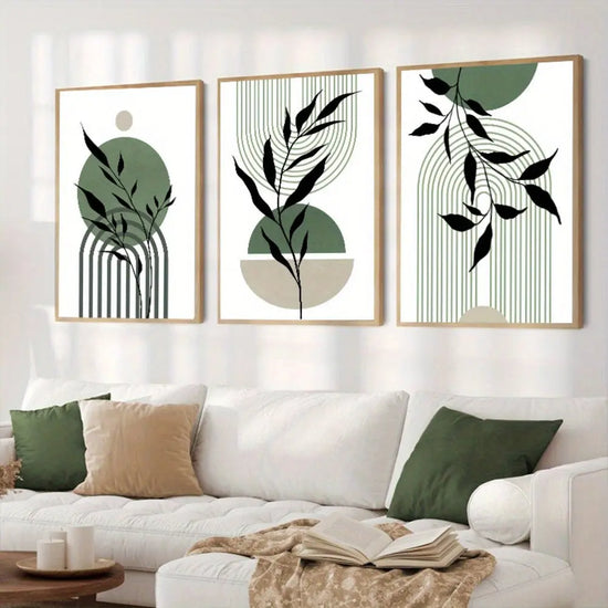 3pcs Sage Green & Black Abstract Canvas Wall Art Set - Modern Boho Decor with Geometric & Botanical Accents for Living Room, Bedroom, Office - Frameless Mid-Century Style Posters, Wall Decor June Wall Art
