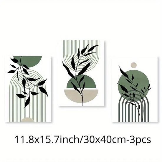 3pcs Sage Green & Black Abstract Canvas Wall Art Set - Modern Boho Decor with Geometric & Botanical Accents for Living Room, Bedroom, Office - Frameless Mid-Century Style Posters, Wall Decor June Wall Art