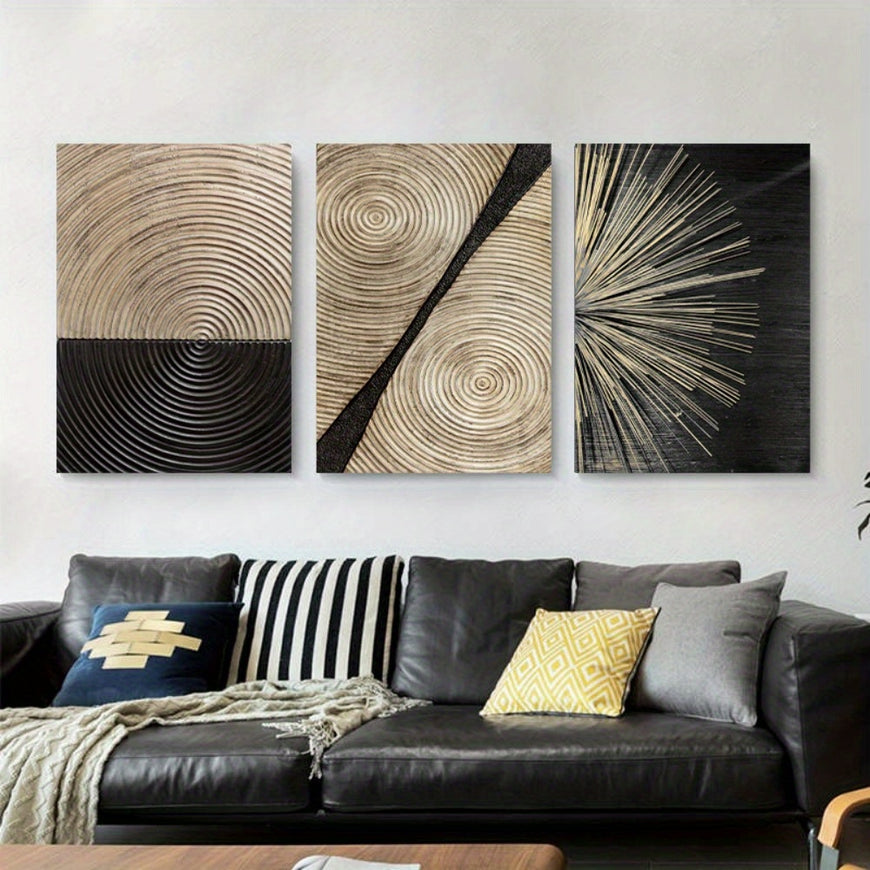 Set of 3 Piece Abstract Retro Black Gold Wood Canvas Posters Grain Rings Tree Ring Radial Lines Posters and Prints Nordic Modern Artwork for Bedroom Living Room Office Home Decor