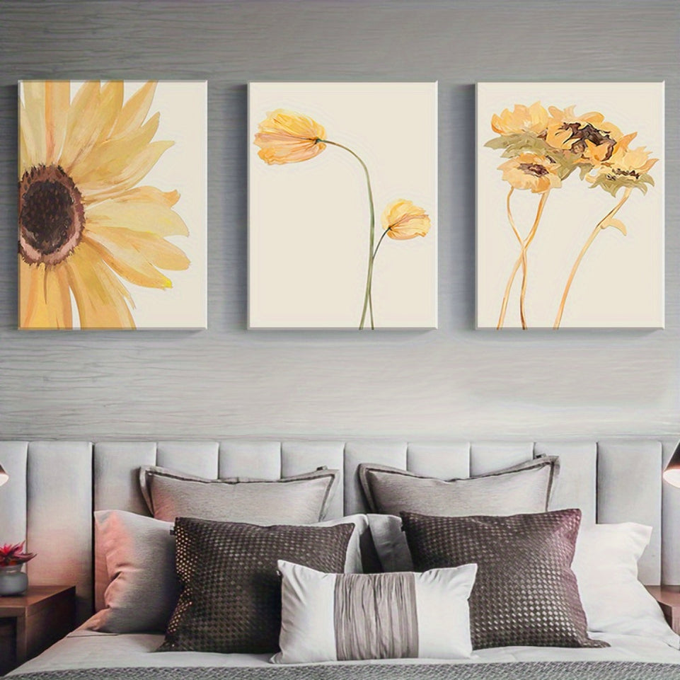 Set of 3 Sunflower Canvas Oil Painting Set - Professionally Framed, Vibrant Floral Wall Art, Modern Gallery Wall Decor - Bright Yellow Flowers