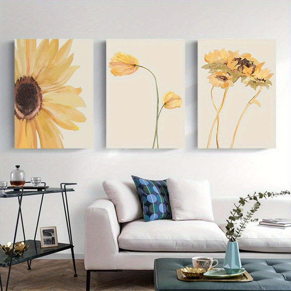 Set of 3 Sunflower Canvas Oil Painting Set - Professionally Framed, Vibrant Floral Wall Art, Modern Gallery Wall Decor - Bright Yellow Flowers