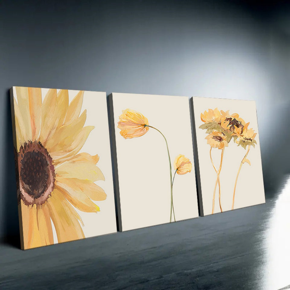 Set of 3 Sunflower Canvas Oil Painting Set - Professionally Framed, Vibrant Floral Wall Art, Modern Gallery Wall Decor - Bright Yellow Flowers