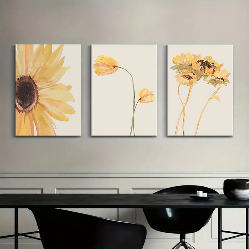 Set of 3 Sunflower Canvas Oil Painting Set - Professionally Framed, Vibrant Floral Wall Art, Modern Gallery Wall Decor - Bright Yellow Flowers