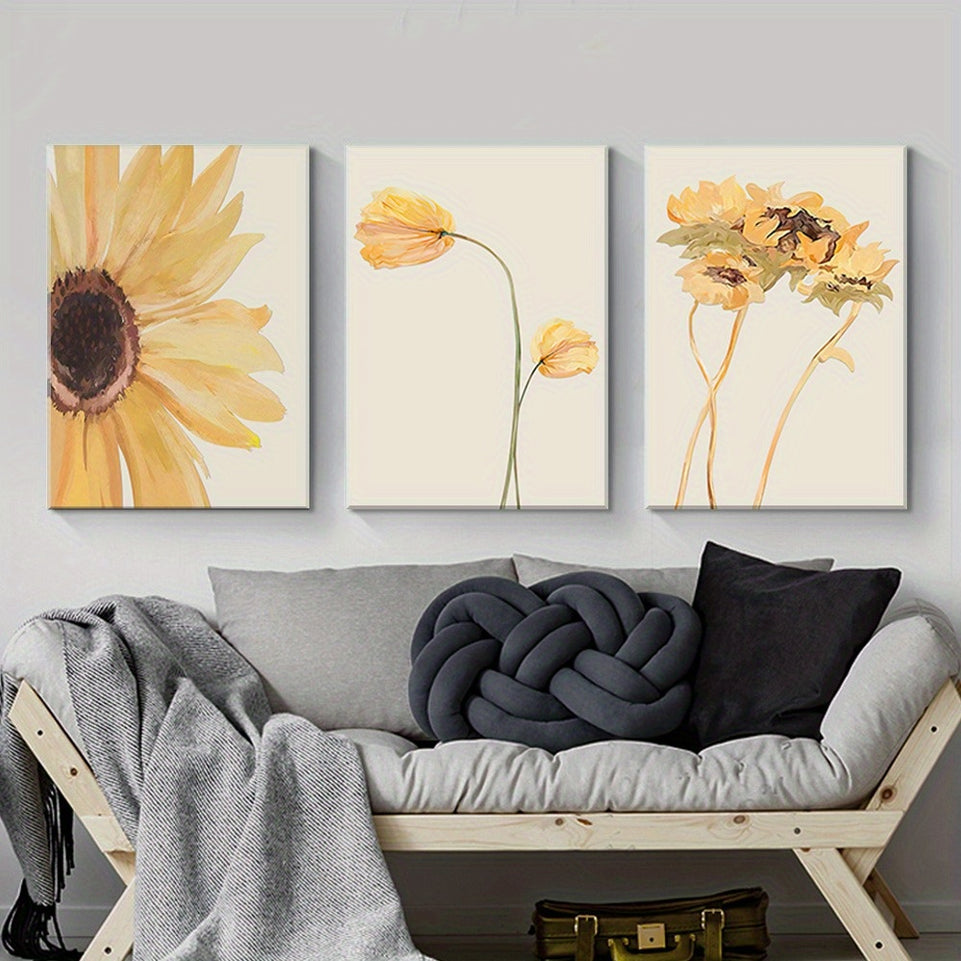 Set of 3 Sunflower Canvas Oil Painting Set - Professionally Framed, Vibrant Floral Wall Art, Modern Gallery Wall Decor - Bright Yellow Flowers