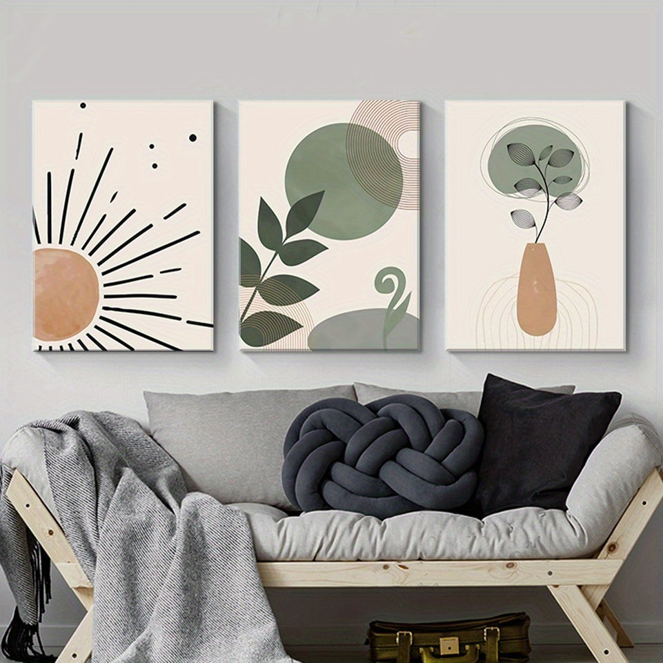 Set of 3 Boho Wall Art Abstract Green Boho Wall Decor Mid Century Canvas Prints Leaves Sun Rainbow Poster Modern Neutral Geometric Artwork For Bedroom Office Living Room Decor