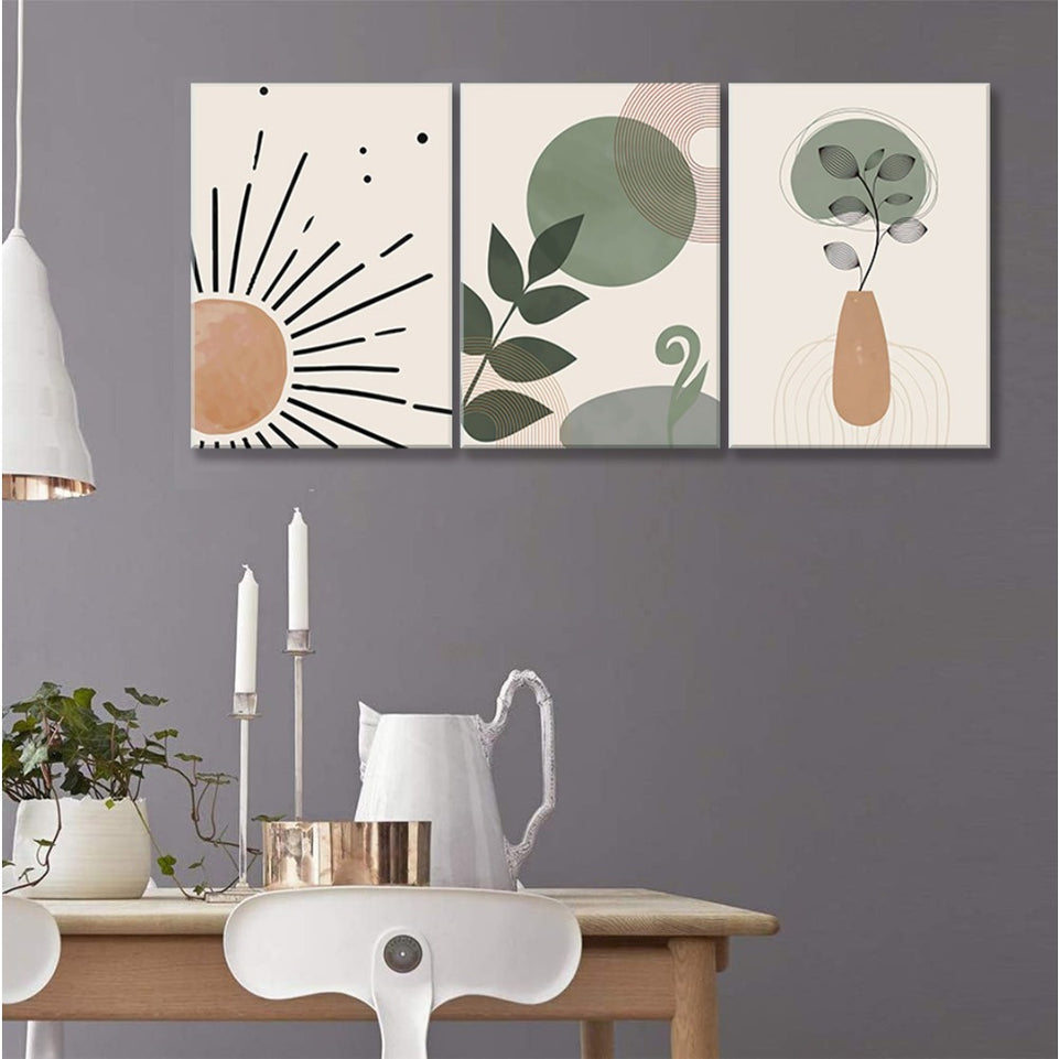 Set of 3 Boho Wall Art Abstract Green Boho Wall Decor Mid Century Canvas Prints Leaves Sun Rainbow Poster Modern Neutral Geometric Artwork For Bedroom Office Living Room Decor