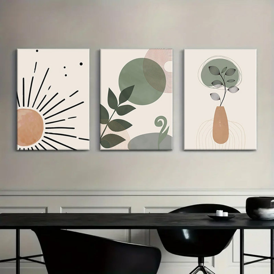 Set of 3 Boho Wall Art Abstract Green Boho Wall Decor Mid Century Canvas Prints Leaves Sun Rainbow Poster Modern Neutral Geometric Artwork For Bedroom Office Living Room Decor