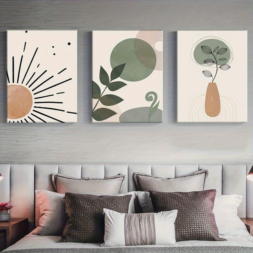 Set of 3 Boho Wall Art Abstract Green Boho Wall Decor Mid Century Canvas Prints Leaves Sun Rainbow Poster Modern Neutral Geometric Artwork For Bedroom Office Living Room Decor