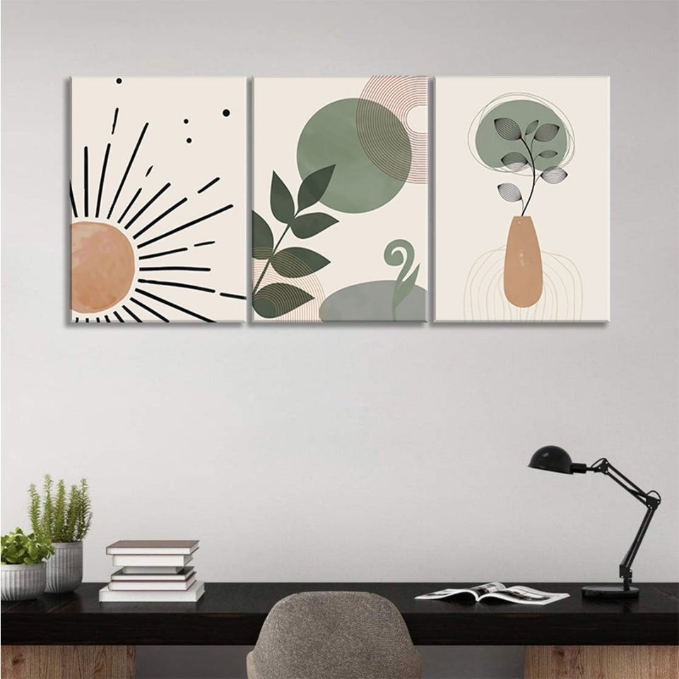 Set of 3 Boho Wall Art Abstract Green Boho Wall Decor Mid Century Canvas Prints Leaves Sun Rainbow Poster Modern Neutral Geometric Artwork For Bedroom Office Living Room Decor