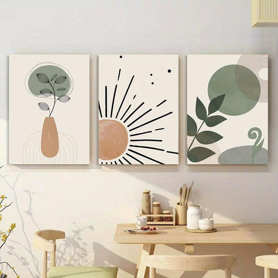 Set of 3 Boho Wall Art Abstract Green Boho Wall Decor Mid Century Canvas Prints Leaves Sun Rainbow Poster Modern Neutral Geometric Artwork For Bedroom Office Living Room Decor