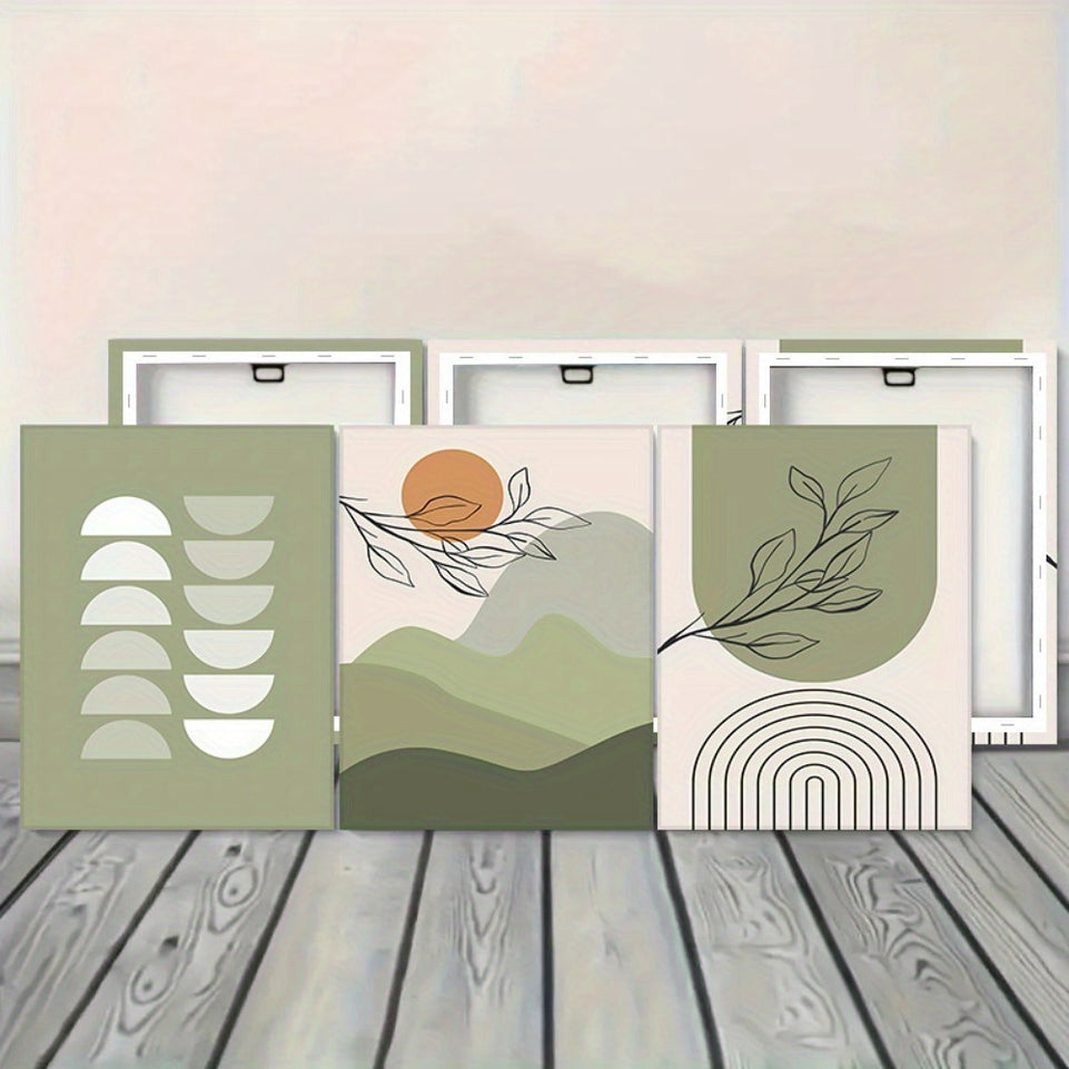 Boho Wall Art Set of 3 Sage Green Minimalist Framed Canvas Wall Art Mid Century Modern Canvas Painting Geometric Leaf Sun Moon Beige Green Canvas Artwork for Bathroom Living Room Boho Wall Decor