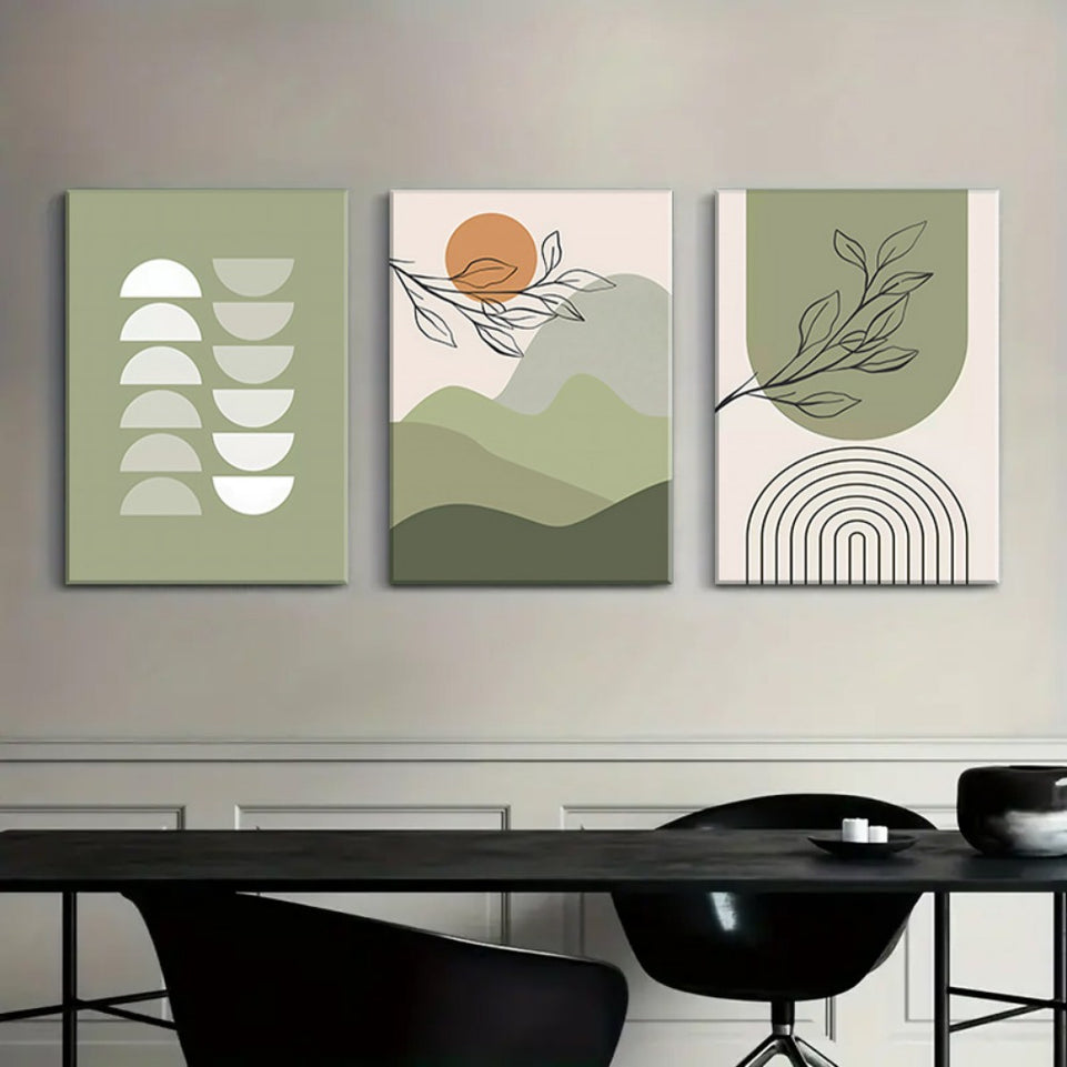 Boho Wall Art Set of 3 Sage Green Minimalist Framed Canvas Wall Art Mid Century Modern Canvas Painting Geometric Leaf Sun Moon Beige Green Canvas Artwork for Bathroom Living Room Boho Wall Decor