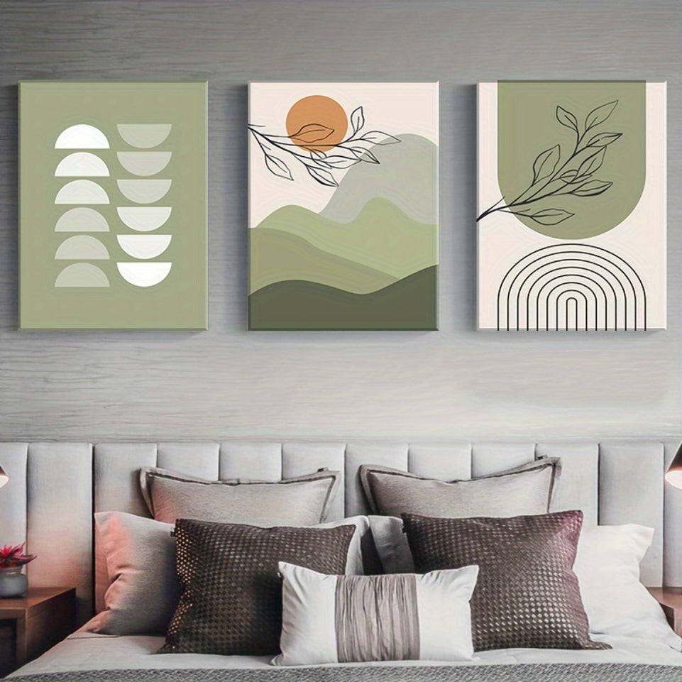 Boho Wall Art Set of 3 Sage Green Minimalist Framed Canvas Wall Art Mid Century Modern Canvas Painting Geometric Leaf Sun Moon Beige Green Canvas Artwork for Bathroom Living Room Boho Wall Decor