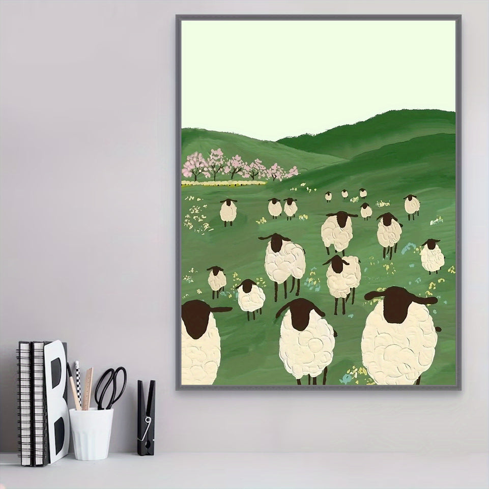 1pcs/set Green Grassland Sheep Black Goat Cartoon Cute Illustration Poster, Wall Art, Wall Decor, Canvas Art, Wall Art Painting Canvas Wall Art Living Room Posters Bedroom Painting No Framed.