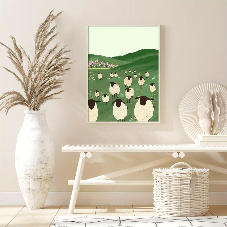 1pcs/set Green Grassland Sheep Black Goat Cartoon Cute Illustration Poster, Wall Art, Wall Decor, Canvas Art, Wall Art Painting Canvas Wall Art Living Room Posters Bedroom Painting No Framed.