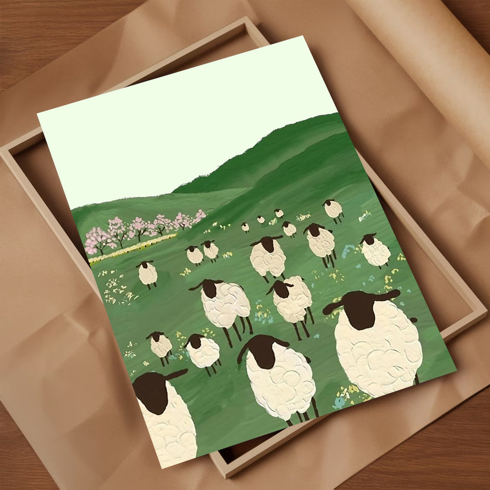 1pcs/set Green Grassland Sheep Black Goat Cartoon Cute Illustration Poster, Wall Art, Wall Decor, Canvas Art, Wall Art Painting Canvas Wall Art Living Room Posters Bedroom Painting No Framed.