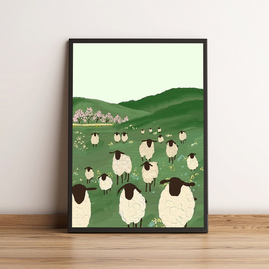 1pcs/set Green Grassland Sheep Black Goat Cartoon Cute Illustration Poster, Wall Art, Wall Decor, Canvas Art, Wall Art Painting Canvas Wall Art Living Room Posters Bedroom Painting No Framed.