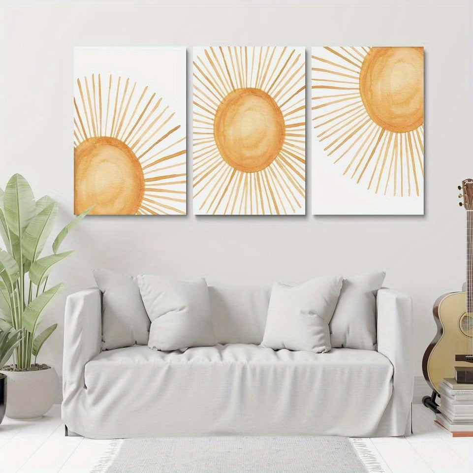 Set of 3 Boho Chic Wall Art Prints - Vibrant Yellow Sun Rising Geometric Nature Illustrations, Mid Century Modern Line Art Decor with Frame - Unique Bohemian Home Decor Accent