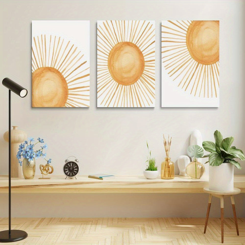 Set of 3 Boho Chic Wall Art Prints - Vibrant Yellow Sun Rising Geometric Nature Illustrations, Mid Century Modern Line Art Decor with Frame - Unique Bohemian Home Decor Accent