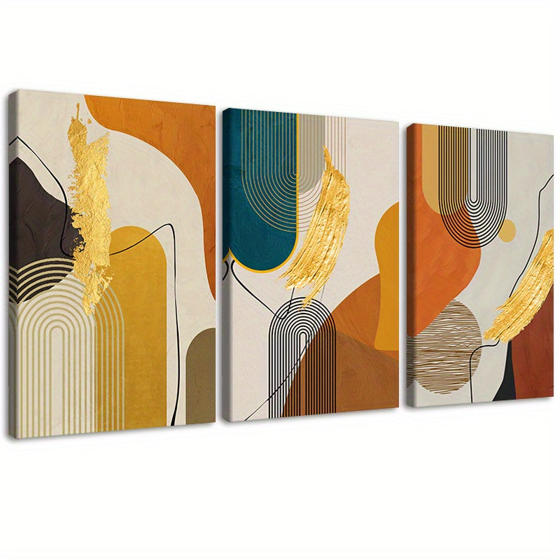 Set of 3-piece Set of Vertical Rectangle Modern Nordic Luxury Gold Abstract Line Canvas Poster - Vibrant Geometric Effects Wall Art Poster Bohemian Fantasy Theme