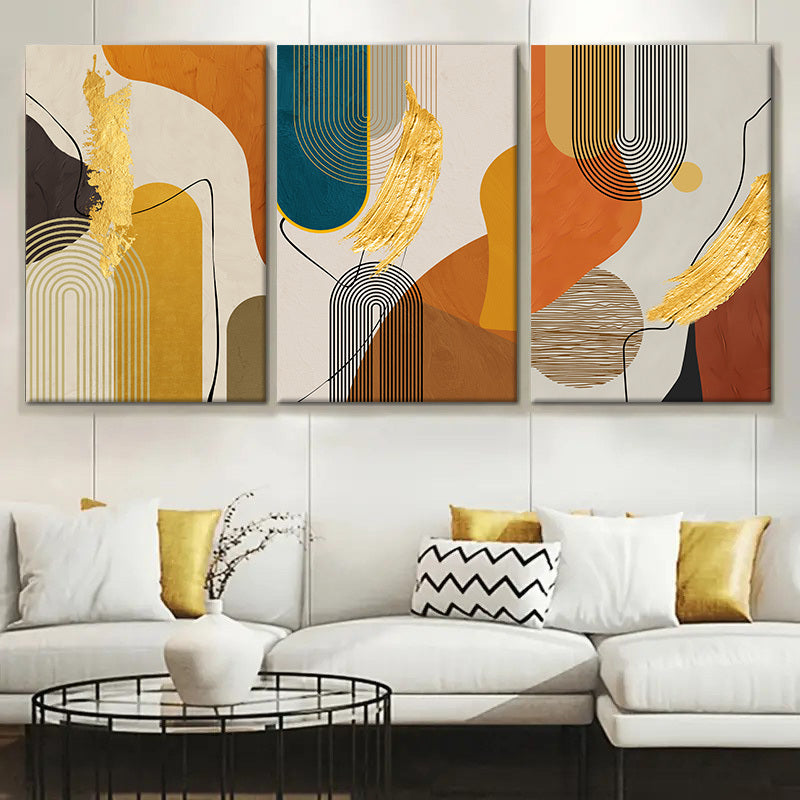 Set of 3-piece Set of Vertical Rectangle Modern Nordic Luxury Gold Abstract Line Canvas Poster - Vibrant Geometric Effects Wall Art Poster Bohemian Fantasy Theme