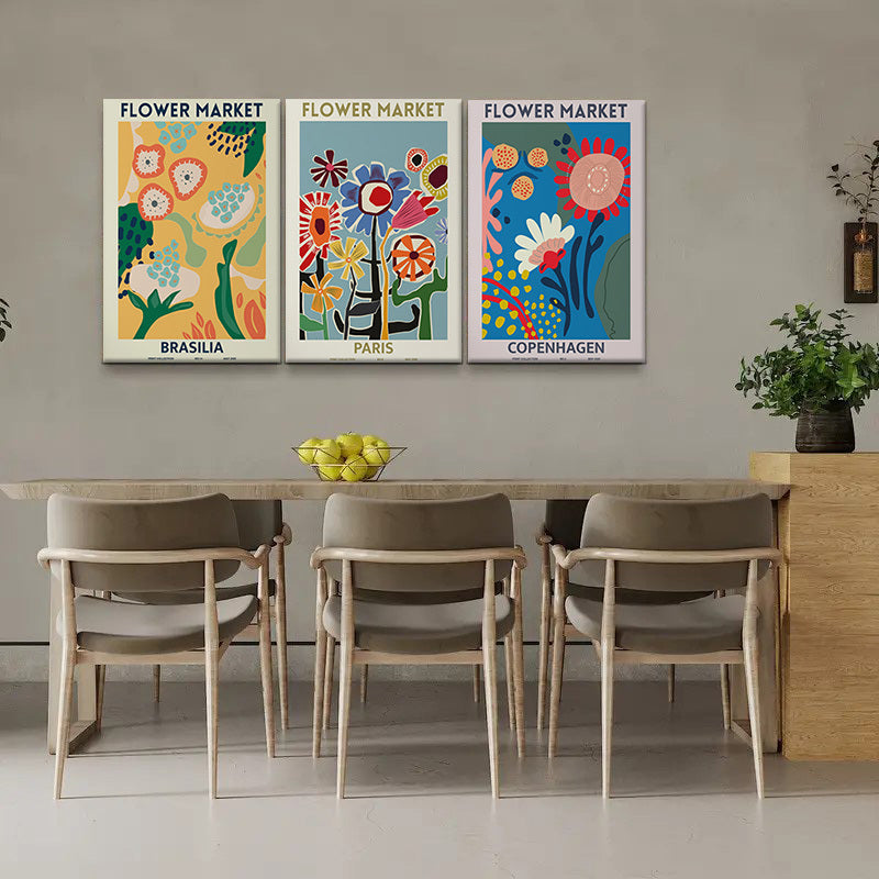 Set of 3 piece Set of Retro Abstract Canvas Printing Poster Images, Flower Market Canvas Wall Art Paintings, Living Room Art Wall Paintings, Bedroom Bathroom Office Corridor Wall Decorations