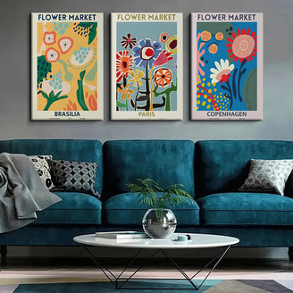 Set of 3 piece Set of Retro Abstract Canvas Printing Poster Images, Flower Market Canvas Wall Art Paintings, Living Room Art Wall Paintings, Bedroom Bathroom Office Corridor Wall Decorations