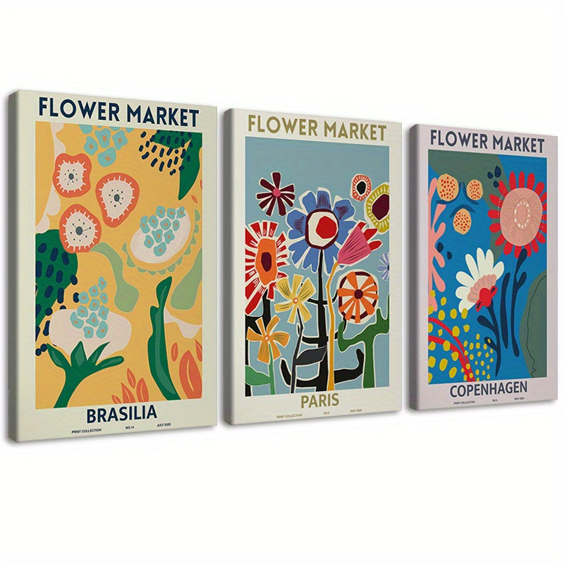 Set of 3 piece Set of Retro Abstract Canvas Printing Poster Images, Flower Market Canvas Wall Art Paintings, Living Room Art Wall Paintings, Bedroom Bathroom Office Corridor Wall Decorations