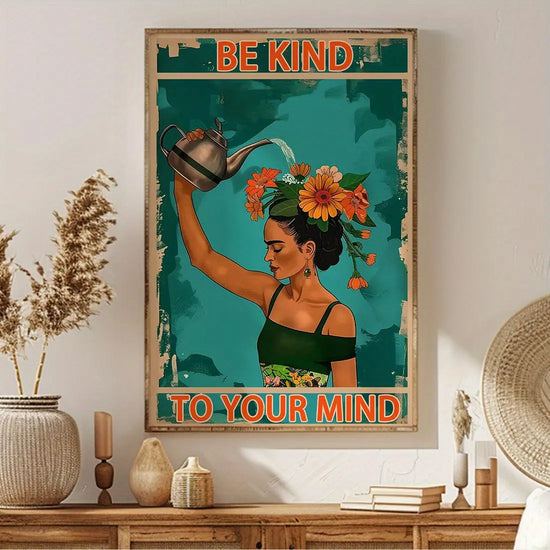 [1pc Be Kind Canvas Art Print] 1pc Floral Be Kind to Your Mind Canvas Art Print, Art Deco Style Indoor Wall Hanging Decor Poster for Living Room, Home Office, Bedroom - Portrait Orientation, Theme: People, Frameless Seasonal June Wall Art