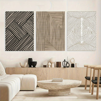 Set of 3 Modern Neutral Abstract Framed Wall Art - Boho Minimalist Line Canvas Posters for Living Room Bedroom Home Decoration - Mid Century Beige Black Brown Wall Decor Pictures with Easy Hanging