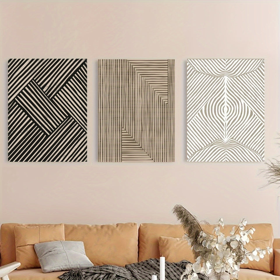 Set of 3 Modern Neutral Abstract Framed Wall Art - Boho Minimalist Line Canvas Posters for Living Room Bedroom Home Decoration - Mid Century Beige Black Brown Wall Decor Pictures with Easy Hanging