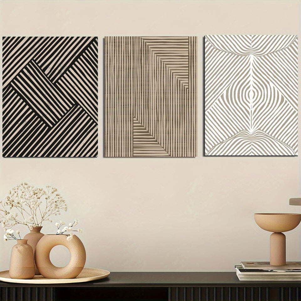 Set of 3 Modern Neutral Abstract Framed Wall Art - Boho Minimalist Line Canvas Posters for Living Room Bedroom Home Decoration - Mid Century Beige Black Brown Wall Decor Pictures with Easy Hanging