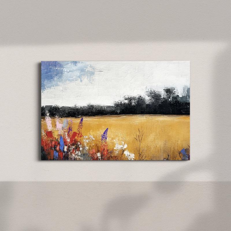 Abstract Wildflowers and Wheat Field Canvas Print - Colorful Landscape Wall Art for Modern Rustic Decor