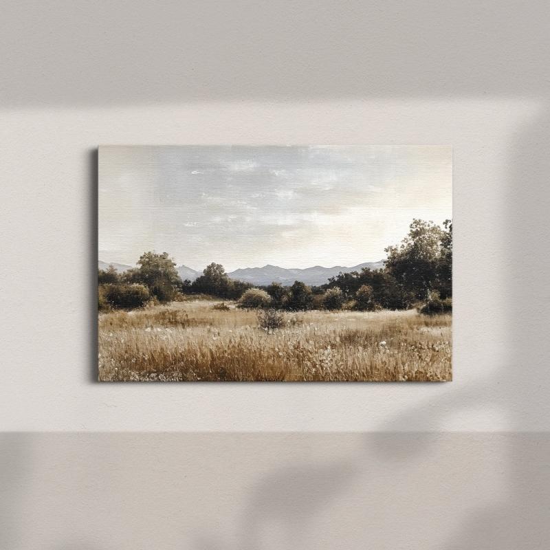 Golden Meadow and Mountain View Canvas Print - Rustic Landscape Wall Art for Cozy Home Decor