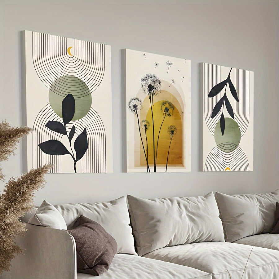 Set of 3 Boho Green Yellow Abstract Botanical Framed Canvas Poster, Modern Wall Art for Bedroom, Living Room, and Corridor, Ideal Decor and Room Decoration Gift