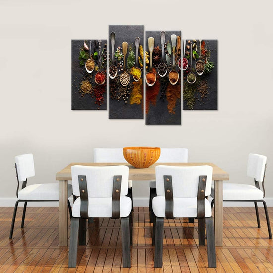 iHAPPYWALL Kitchen Pictures Wall Decor 4 Pieces Couful Spice in Spoon Vintage Canvas Wall Art Food Photos Painting On Canvas Stretched Framed Home Decoration Gift Ready to Hang https://www.amazon.com/dp/B07J9ZB4JD