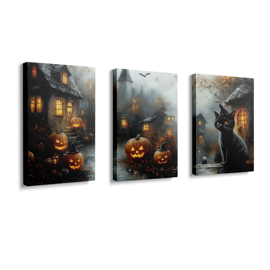 Black Cat and Jack-O’-Lantern Halloween Canvas Print - Haunted House Wall Art for Spooky Home Decor