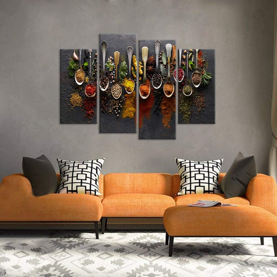 iHAPPYWALL Kitchen Pictures Wall Decor 4 Pieces Couful Spice in Spoon Vintage Canvas Wall Art Food Photos Painting On Canvas Stretched Framed Home Decoration Gift Ready to Hang https://www.amazon.com/dp/B07J9ZB4JD