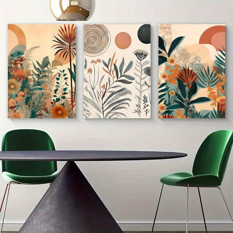 Set of 3 Boho Chic Wooden Framed Canvas Posters - Mid Century Modern Floral Wall Art with Neutral Simple Painting Style - Ideal for Bedroom, Living Room, Kitchen, Bathroom, Hallway, Office, Hotel Decor and Home Decor