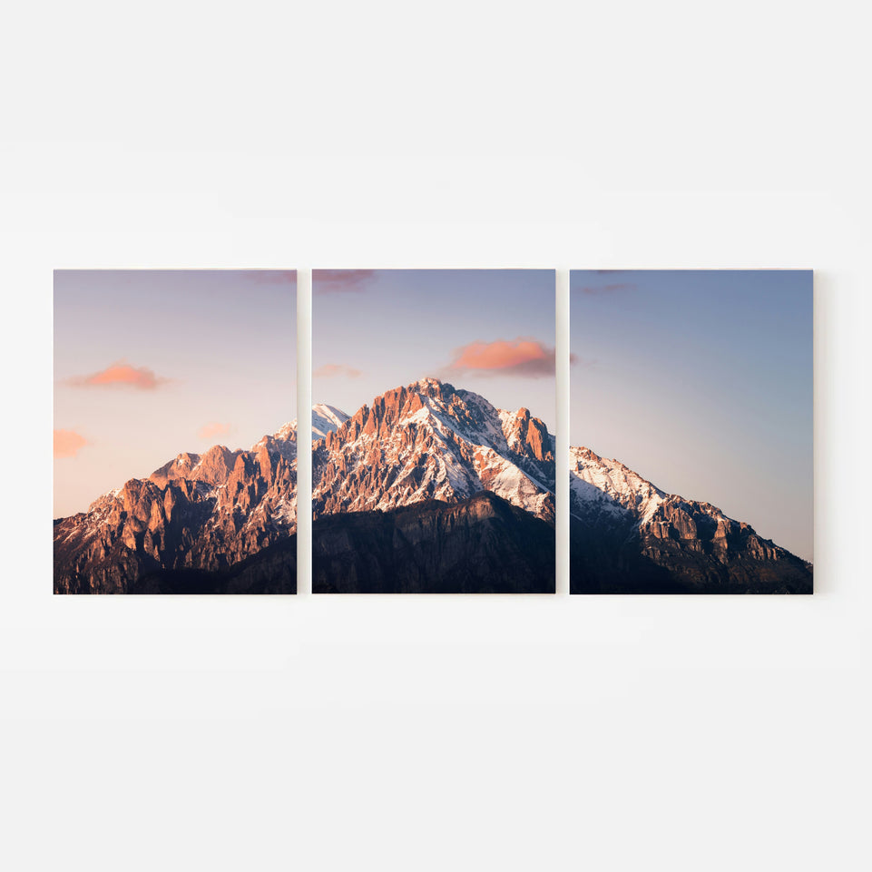 Mountain Sunset Triptych Canvas Print - Majestic Snow-Capped Peaks | Set of 3 Wall Art for Nature Lovers