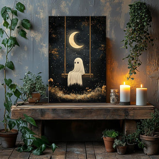 Ghost on Swing Canvas Print - Whimsical Halloween Wall Art for Spooky Home Deco