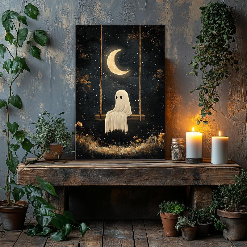 Ghost on Swing Canvas Print - Whimsical Halloween Wall Art for Spooky Home Deco