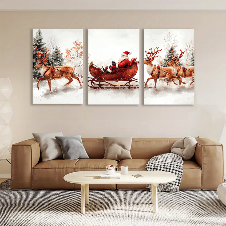 Santa Sleigh and Reindeer Canvas Print - Festive Christmas Wall Art for Holiday Home Decor